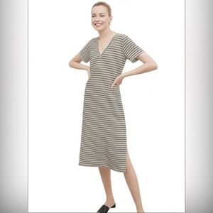 M.M. Lafleur The Renee V-Neck Thin Striped Cotton Shirt Dress Tan Striped Sz M